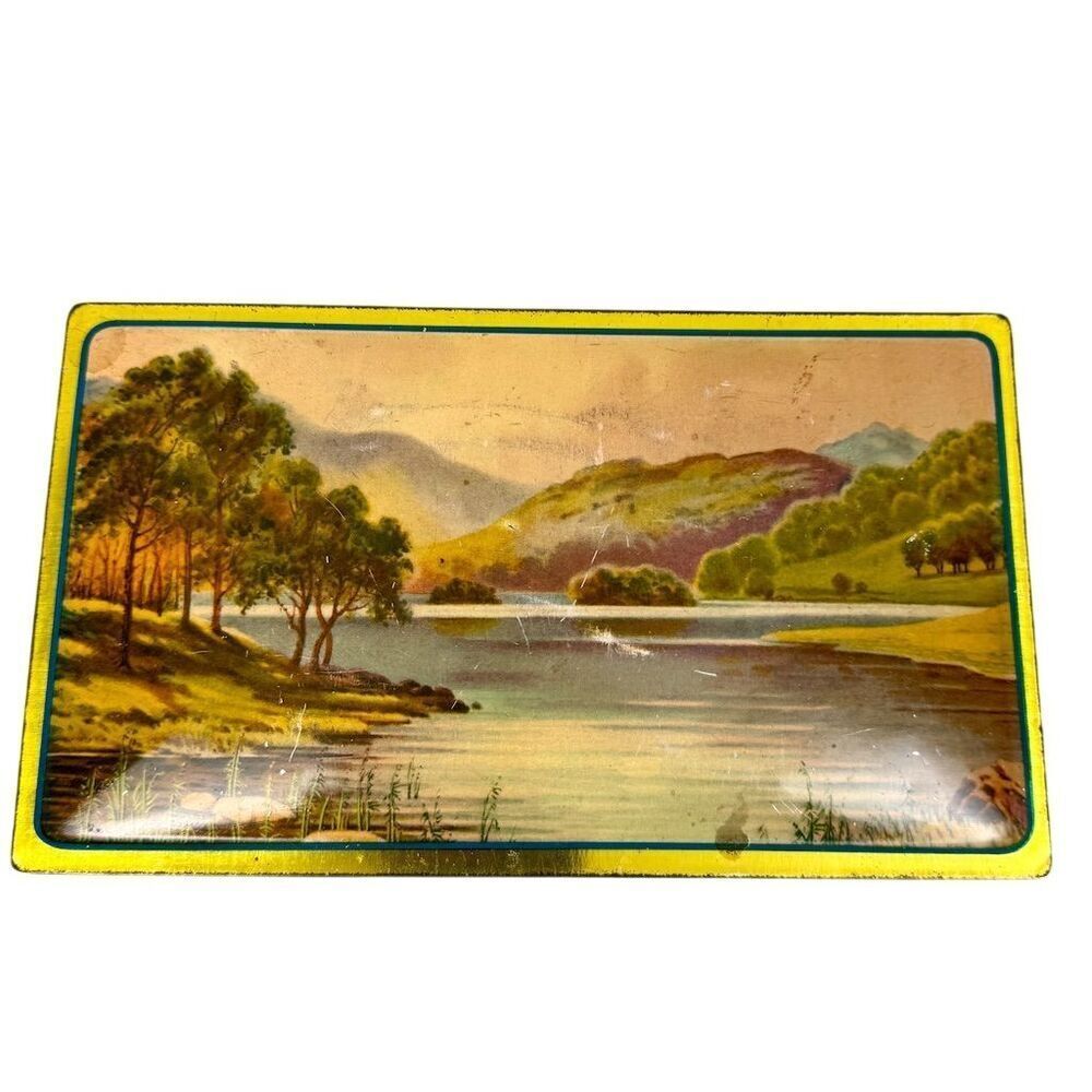Vintage Scenic Lidded Tin Box with Mountain Lake Design